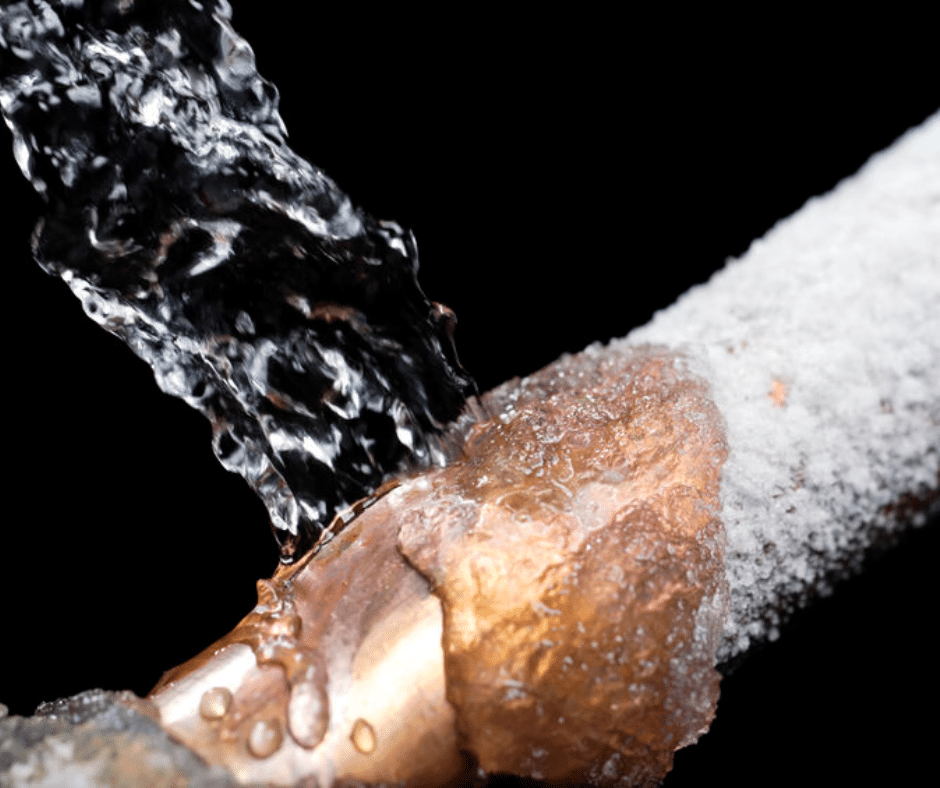 frozen pipe that has burst due to cold weather