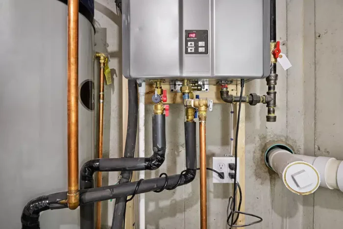 tankless water heater in residential basement in frisco, tx.